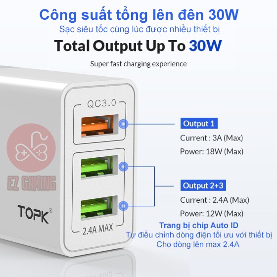 [Free ship] Củ Sạc Nhanh TOPK QC 3.0 (Quick Charge 3.0) - 3 Cổng USB - Tiêu Chuẩn Châu Âu