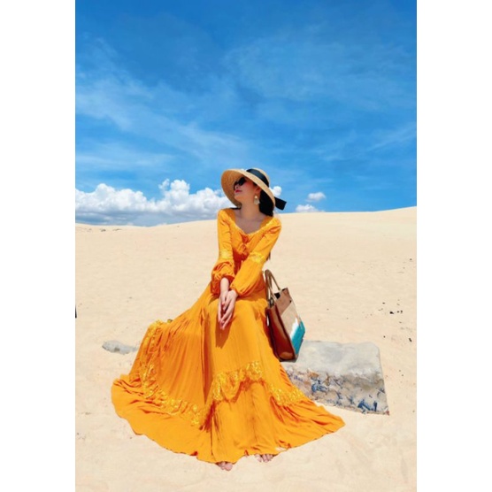 HOANGYEN - Đầm Skies Dress chất đũi tay dài vintage màu vàng