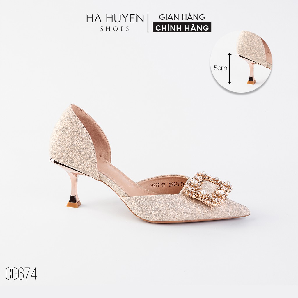 Giày cao gót nữ Hà Huyền Shoes nhũ đính nơ đá ngọc khoét eo gót nhọn 5 phân - CG674