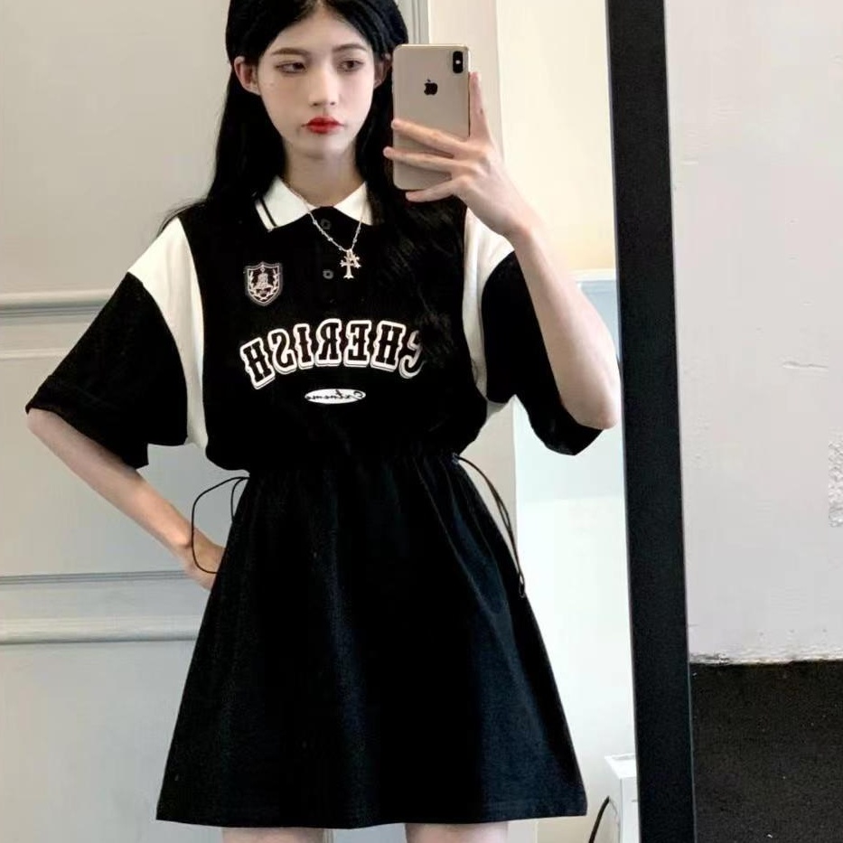 Đầm Thể Thao Rút Dây Màu Trắng Đen In Chữ Thời Trang Cho Nữ