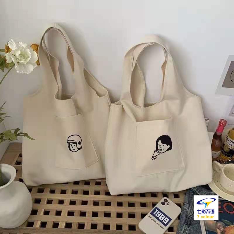 Túi Tote Canvas Đeo Vai Họa Tiết Đơn Giản Dễ Thương Cho Nữ