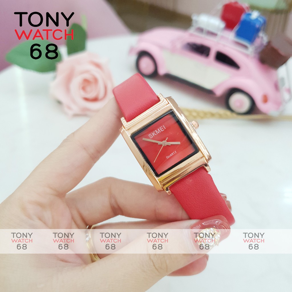 Đồng hồ nữ Skmei mặt vuông dây da đỏ trắng chính hãng chống nước Tony Watch 68