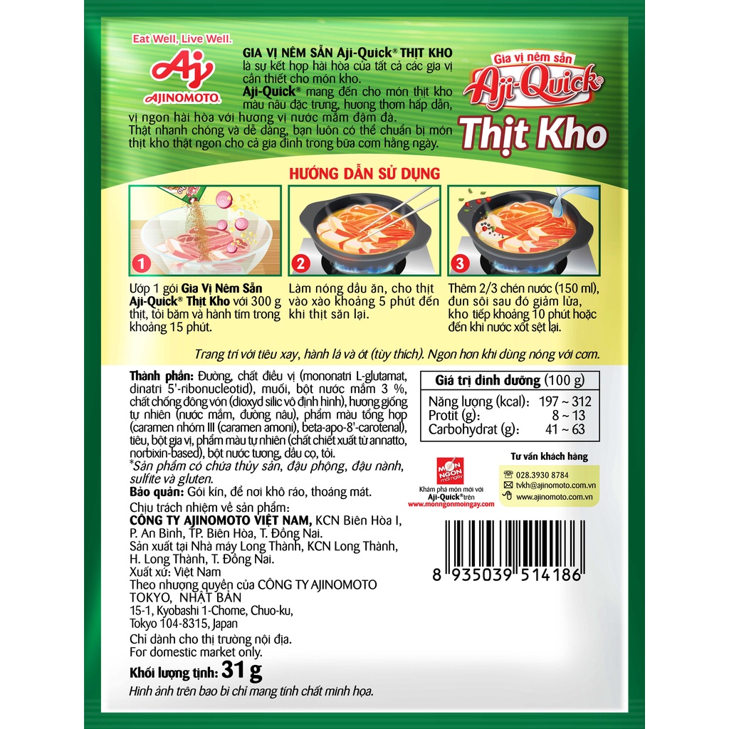 Lốc 10 gói gia vị nêm sẵn Aji-Quick Thịt Kho (31g/gói)