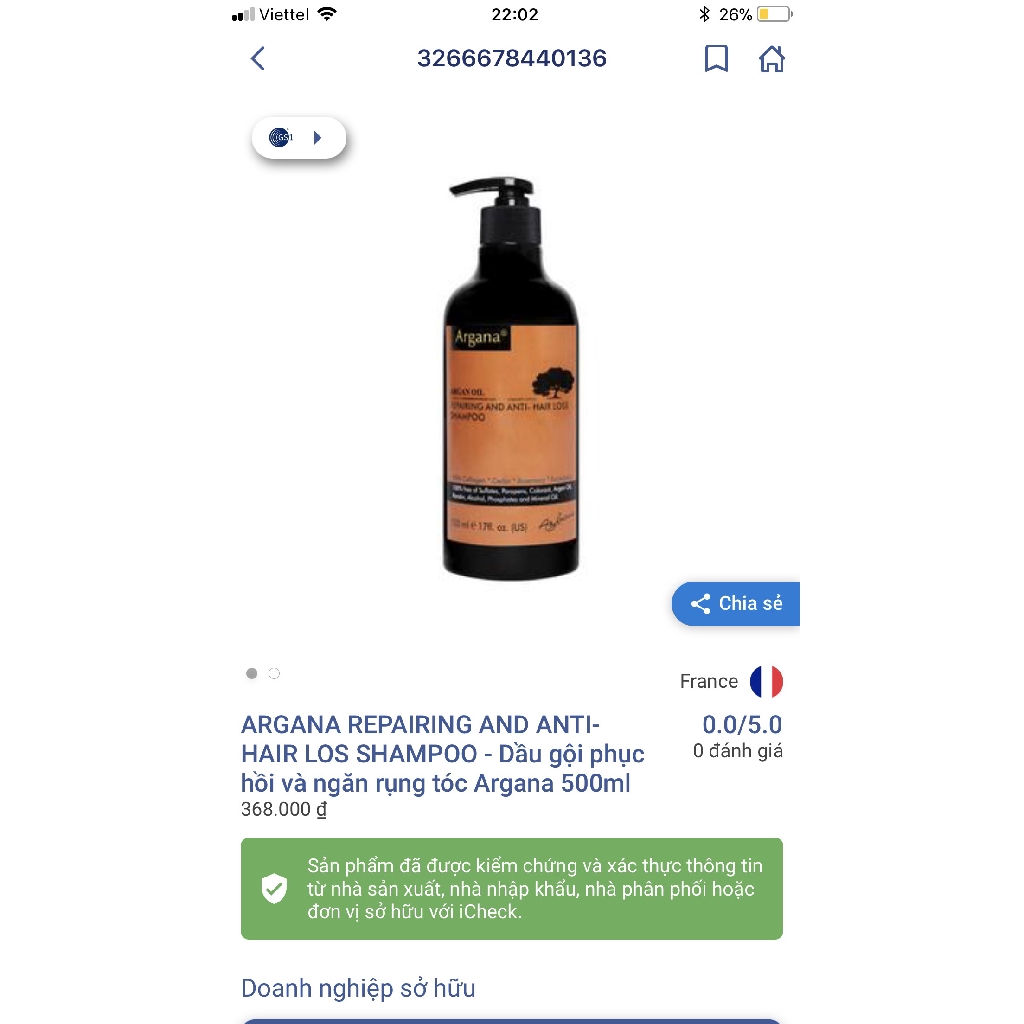 Argana Lẻ Dầu Gội Hoặc Dầu Xả Argana Phục Hồi Và Ngăn Rụng Tóc 500ML