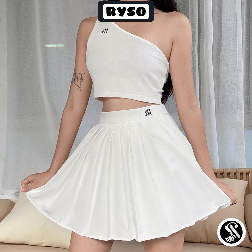 Chân váy xếp ly tennis lưng cao dáng ngắn thêu hoạ tiết có quần lót trong phong cách Hàn Quốc Ulzzang