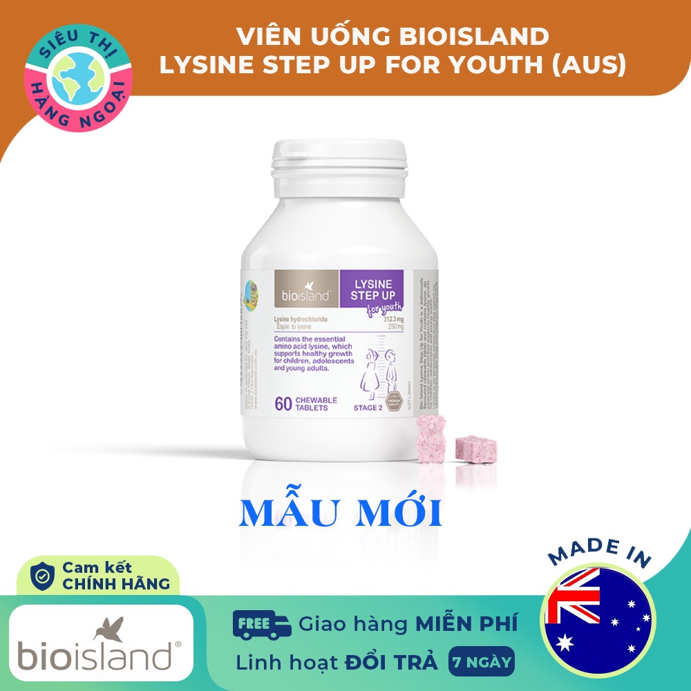 Viên nhai Hỗ trợ Tăng chiều cao cho bé Úc Bio Island Lysine Step Up for Youth 60 viên