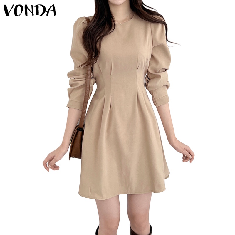 Đầm VONDA tay ngắn màu trơn cổ tròn phong cách Hàn Quốc xinh xắn cho nữ