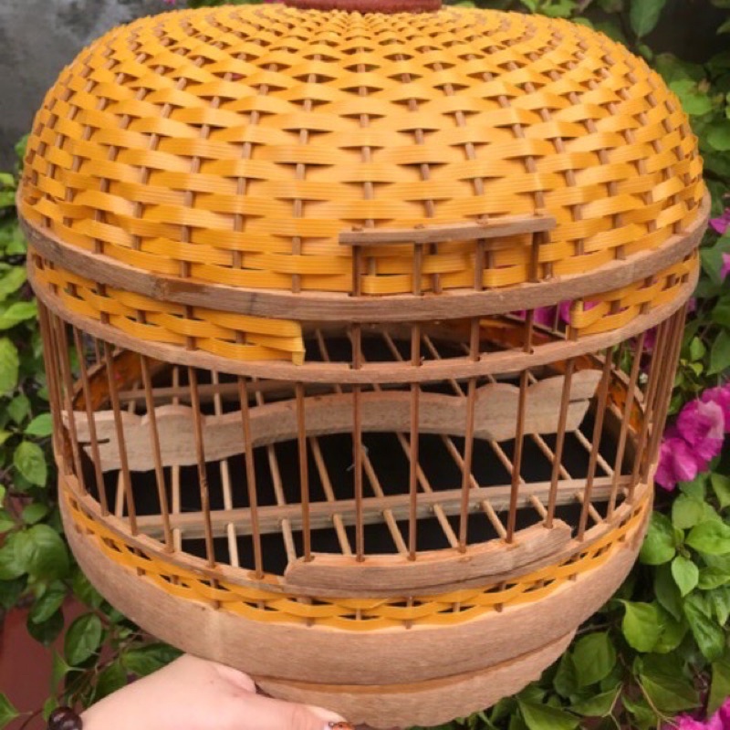 Lồng nuôi chim cu gáy Bamboo lồng gáy tròn nóc đan kèm phụ kiện cao cấp