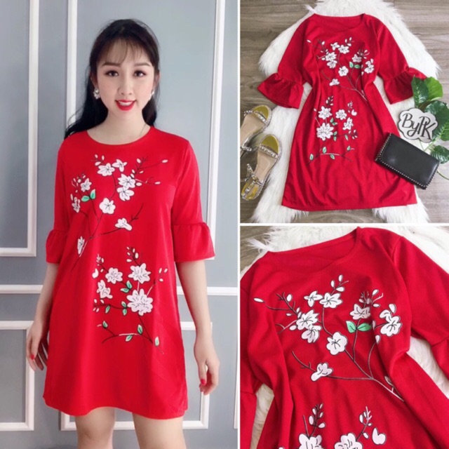 Đầm suông hoa form rộng tay loe HÌNH THẬT 100%