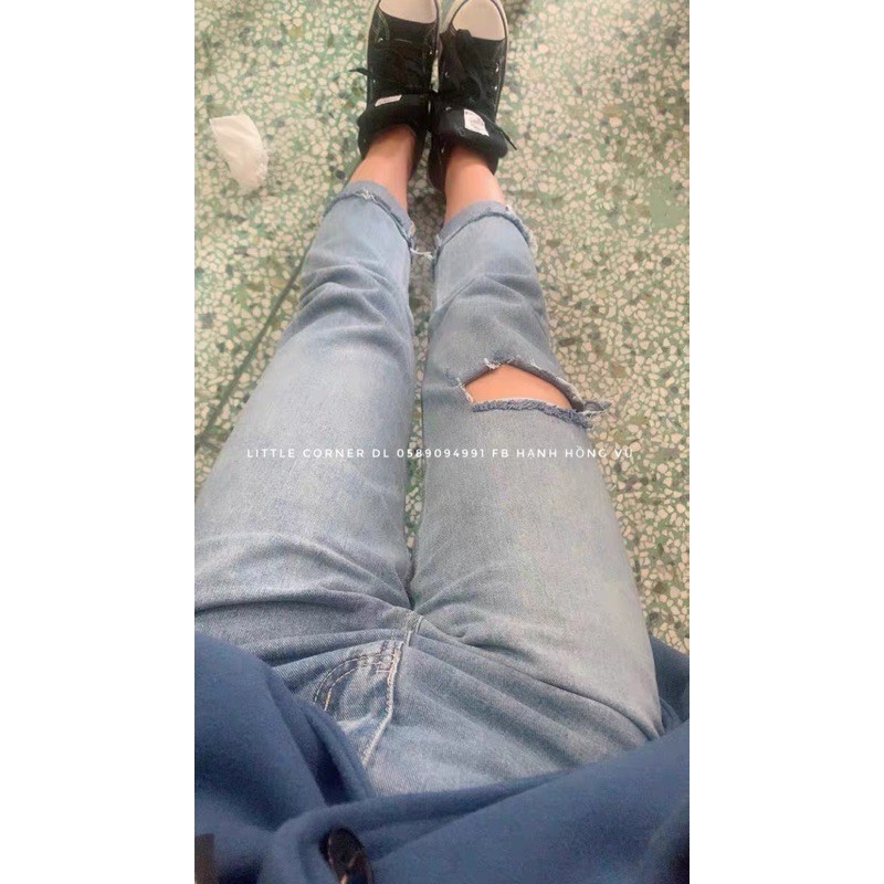 Quần baggy jean slim lưng cao rách một bên gối quảng châu hàng sẵn