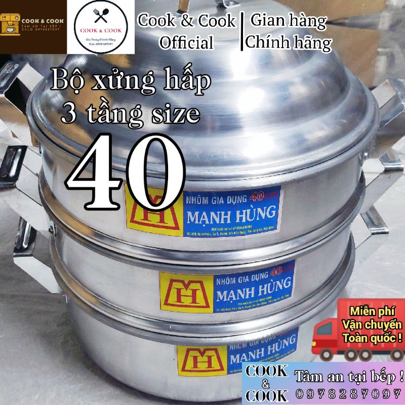 [FREESHIP 0Đ TOÀN QUỐC] Bộ xửng hấp 3 tầng size 40 3 tầng nhôm Mạnh Hùng chuyên hấp bánh bao, hải sản, xôi có kèm đun từ