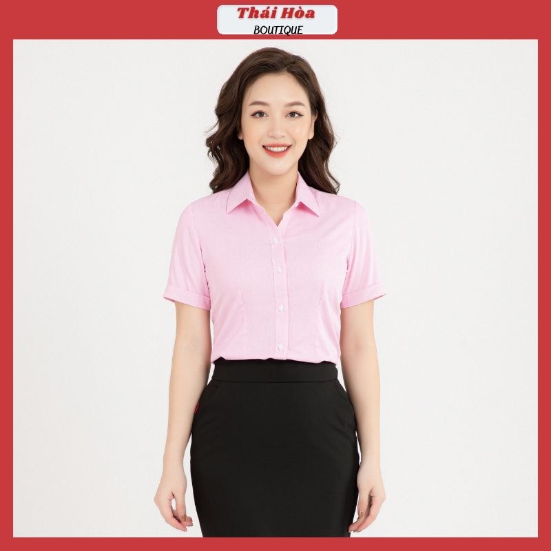 Áo sơ mi nữ đẹp ngắn tay công sở kẻ tăm caro chìm màu hồng cotton Thái Hoà N631-10-01