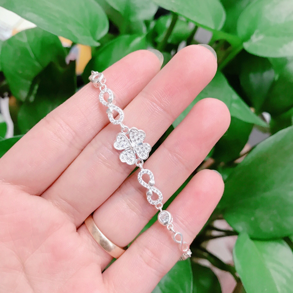 Vòng Tay Bạc Nữ Kiểu Dáng Cỏ 4 Lá May Mắn, Đính Đá Cực Xinh
