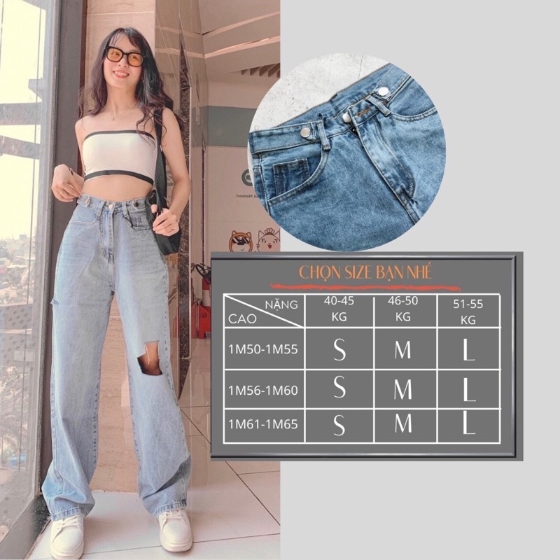 Quần Jean Ống Rộng Rách [Ảnh Thật] Quần Jean Lưng Cao Siêu Hot Phong Cách Ullzang