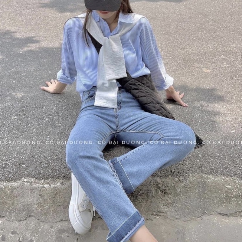 Áo sơ mi thuỷ thủ tháo rời hoạ tiết kẻ sọc from rộng kèm ảnh thật