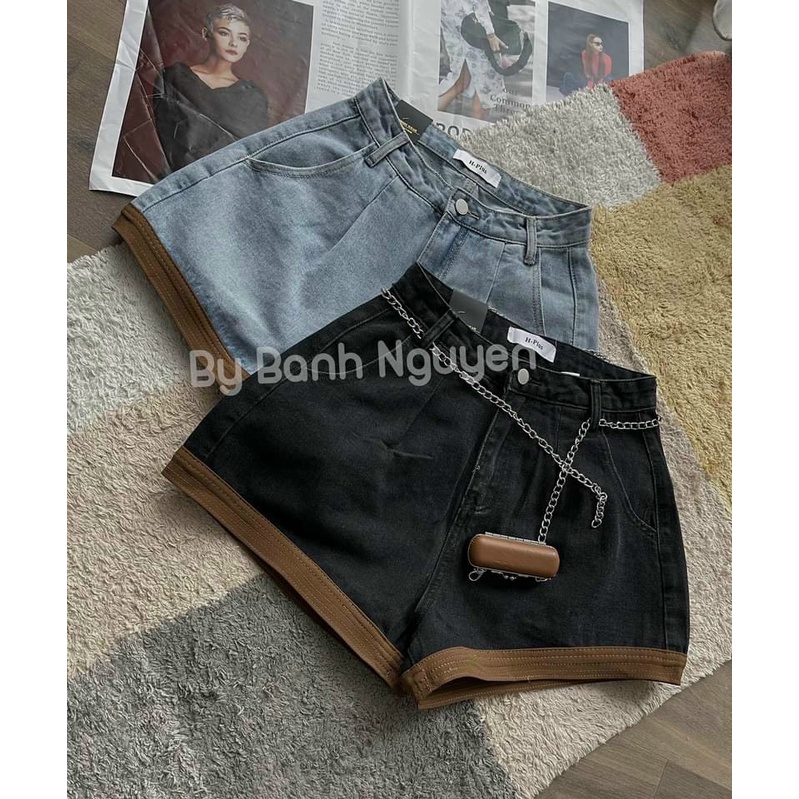 Quần đùi jean nữ denim hot ống xoè viền màu ko kèm nịt nhe