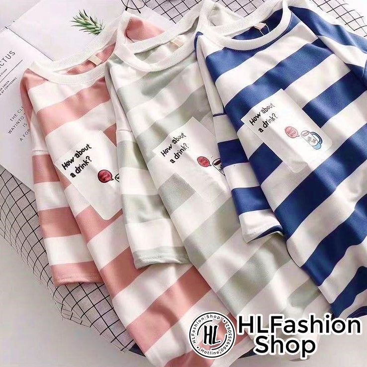 Áo thun tay lỡ Unisex form rộng sọc ngang HOW ABOUT A DRINK, áo phông rộng size HLFashion