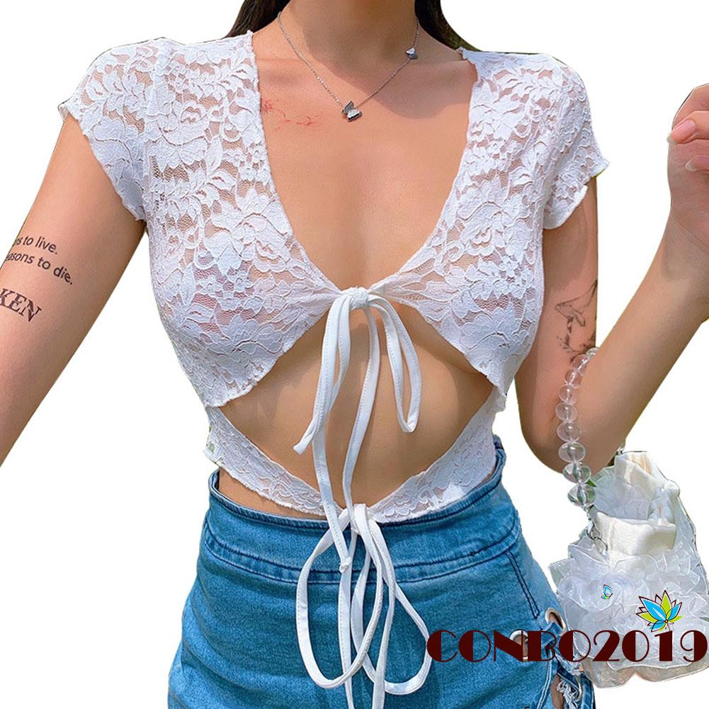 Áo croptop ren hoa tay ngắn thiết kế quyến rũ cho nữ