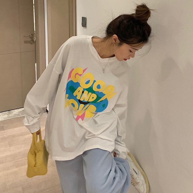 Áo sweater SUXI mỏng cổ tròn tay dài dáng rộng in họa tiết xinh xắn dễ phối đồ cho nữ