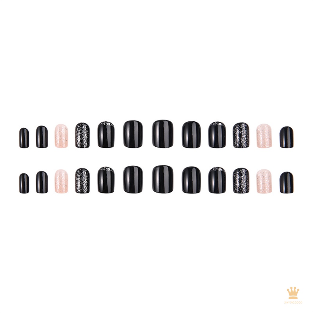 Bộ 24 Móng Tay Giả Màu Đen Đính Kim Tuyến Lấp Lánh Chuyên Dụng Cho Salon