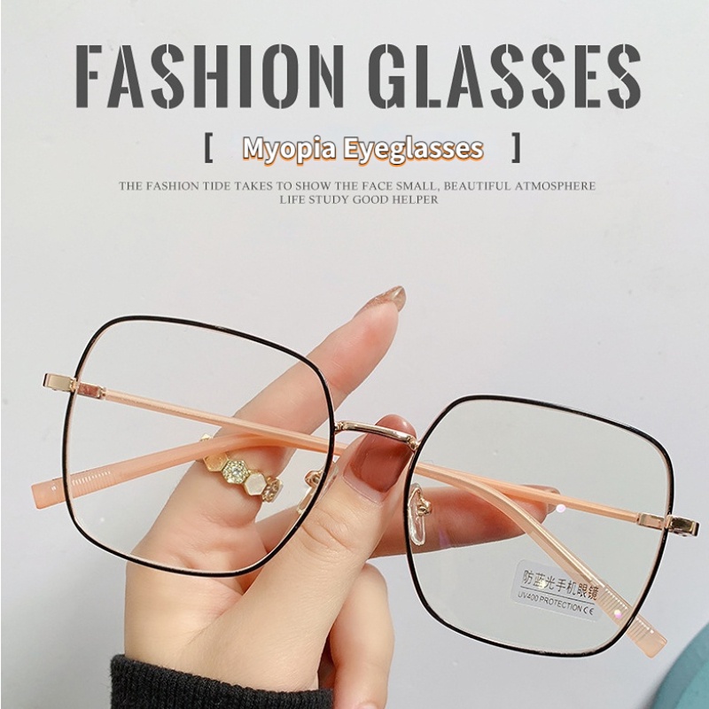 (KIQI-FASHION) COD Mắt Kính Gọng Lớn Bằng Nhựa resin Khung Kim Loại Chống Ánh Sáng Xanh Từ 0.5 Đến -4.00 Độ