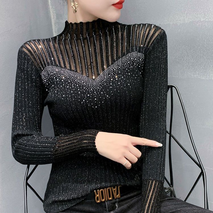 Áo Sweater Dệt Kim Cổ Lọ Phối Ren Lưới Thời Trang Xuân Thu Cho Nữ