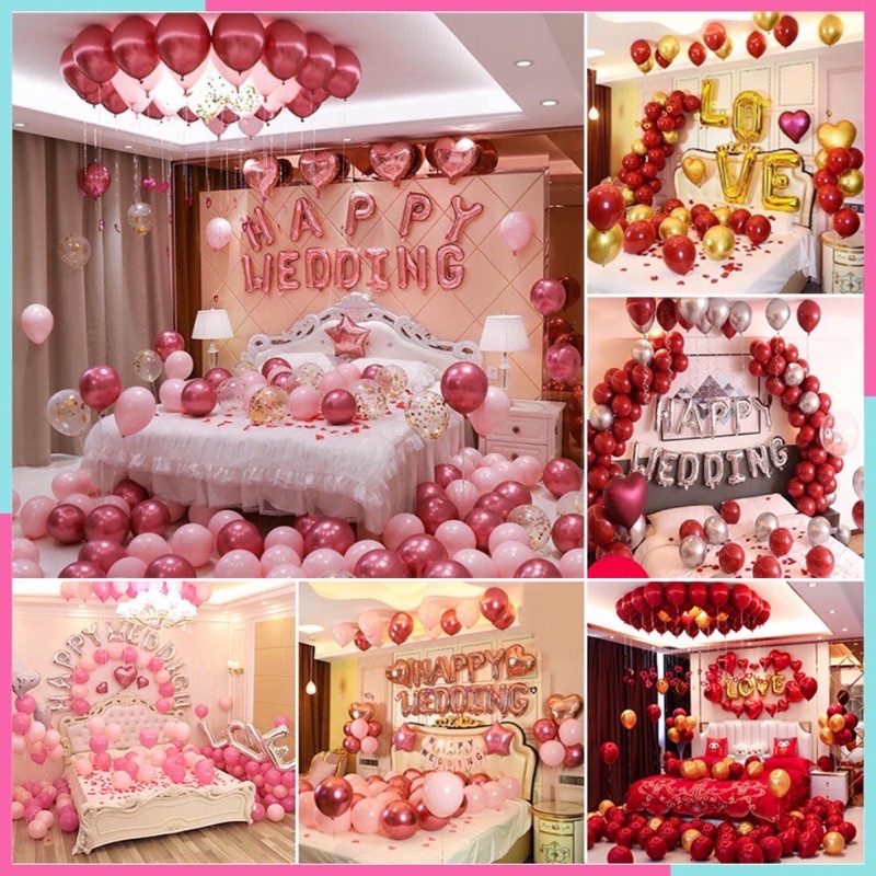 Set bóng trang trí phòng cưới, bóng bay trang trí phòng cưới [tặng 100 cánh hoa hồng lụa]