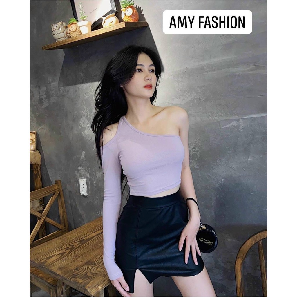 Áo thun gân lệch vai khoét hở vai 1 tay dài MC gợi cảm