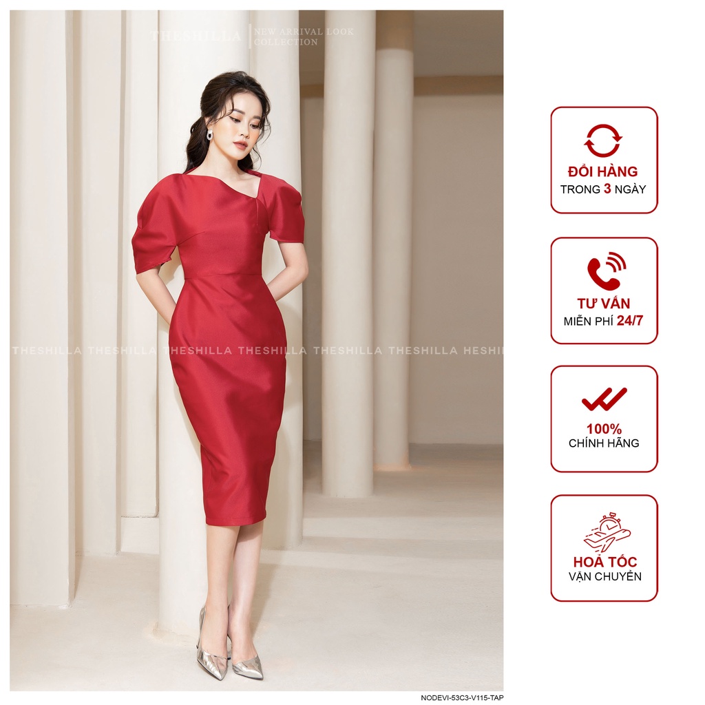 Váy thiết kế cao cấp màu đỏ body tay phồng sang trọng [ Có video + Ảnh thật ] The Shilla - Nodevi-53C3