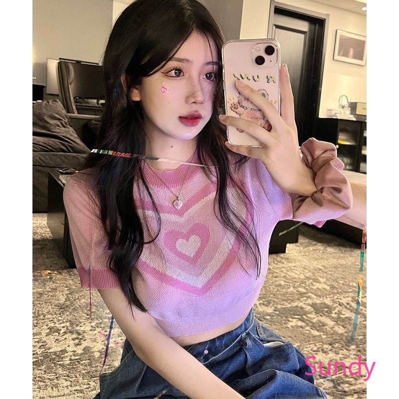 Áo Croptop Dệt Kim Tay Ngắn In Hình Trái Tim Quyến Rũ Thời Trang Mùa Thu Cho Nữ