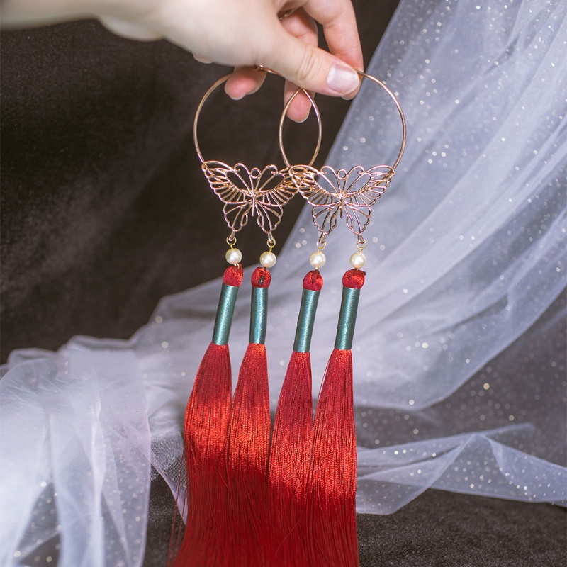 Dây Cột Tóc Hình Bướm Đính Ngọc Trai Tua Rua Phong Cách Cổ Điển