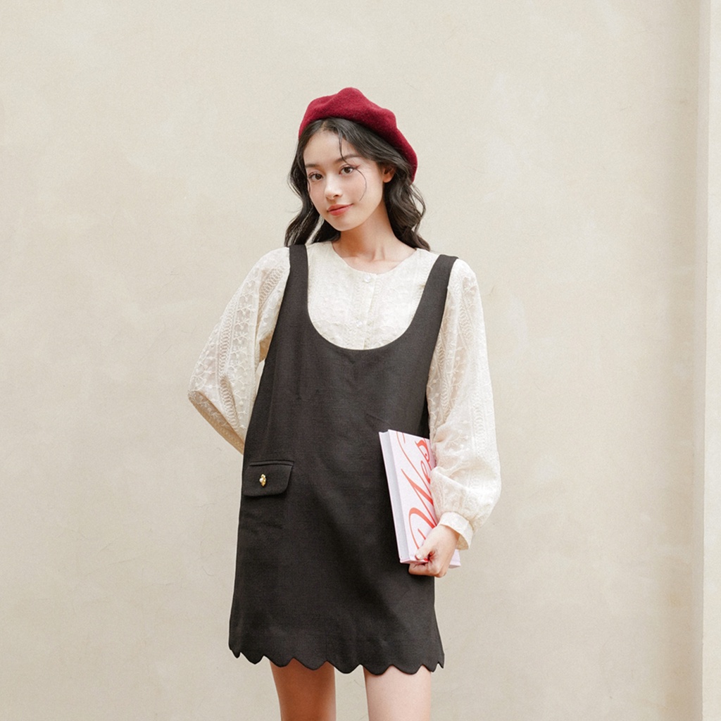 BLEUBIRD Váy yếm lượn gấu vải tweed mỏng Alice Pinafore