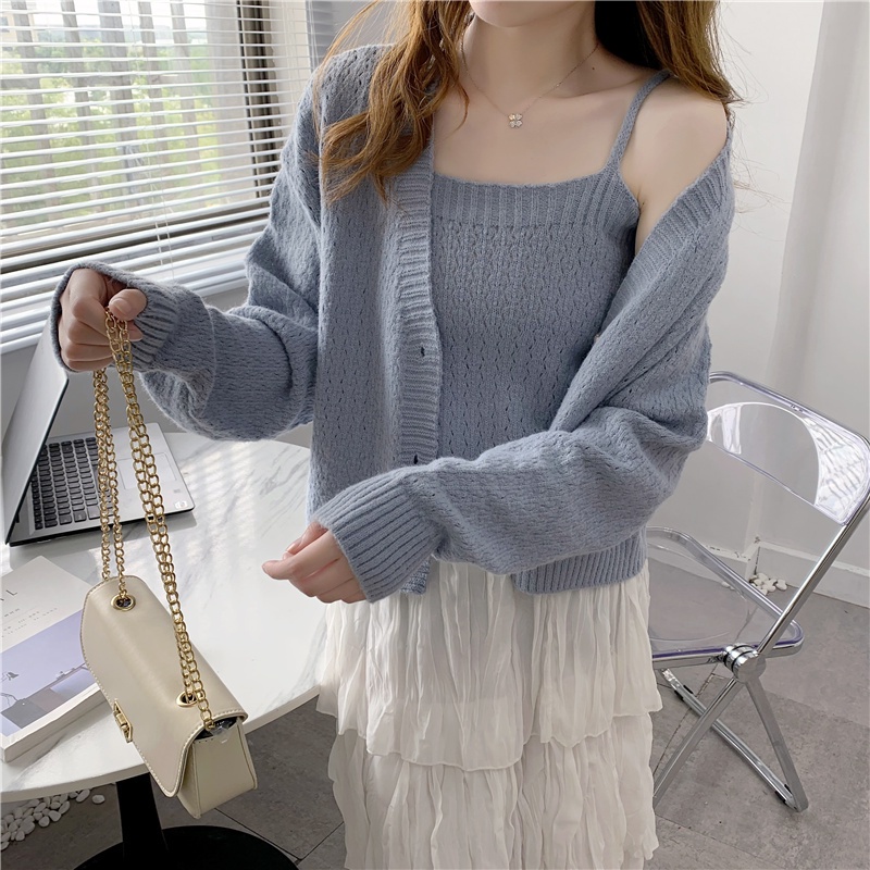 SUXI Set Áo Khoác Cardigan Và Áo Hai Dây Thiết Kế Mới Thời Trang Mùa Thu Dành Cho Nữ