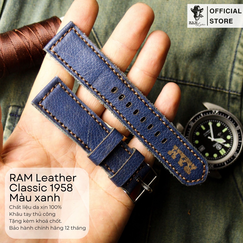 Dây Đồng Hồ Da Thật RAM Leather 1958 Da Bò Mill Xanh Navy Bền Đẹp