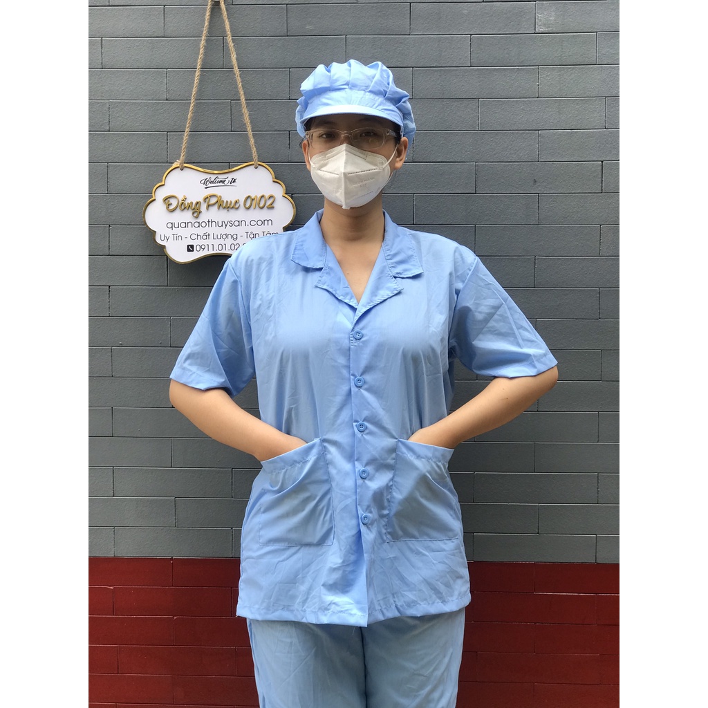 Quần áo ngắn tay công nhân trực vệ sinh, bệnh viện vải silk xanh mềm mịn mát