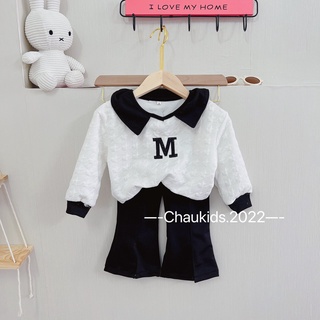 Bộ bé gái, Set áo sơ mi cổ bẻ chữ M thêu phối quần loe