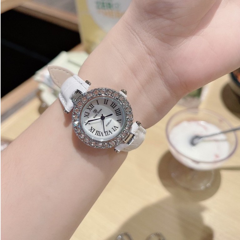 Mẫu đồng hồ nữ đẹp ,dây da nhỏ gọn mặt tròn đính đá đeo tay siêu sang chảnh ,thời trang chính hãng Royal Crown Authentic