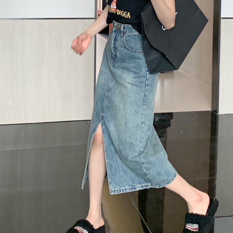 Chân váy jean IELGY dáng chữ A lưng cao phong cách retro dành cho nữ