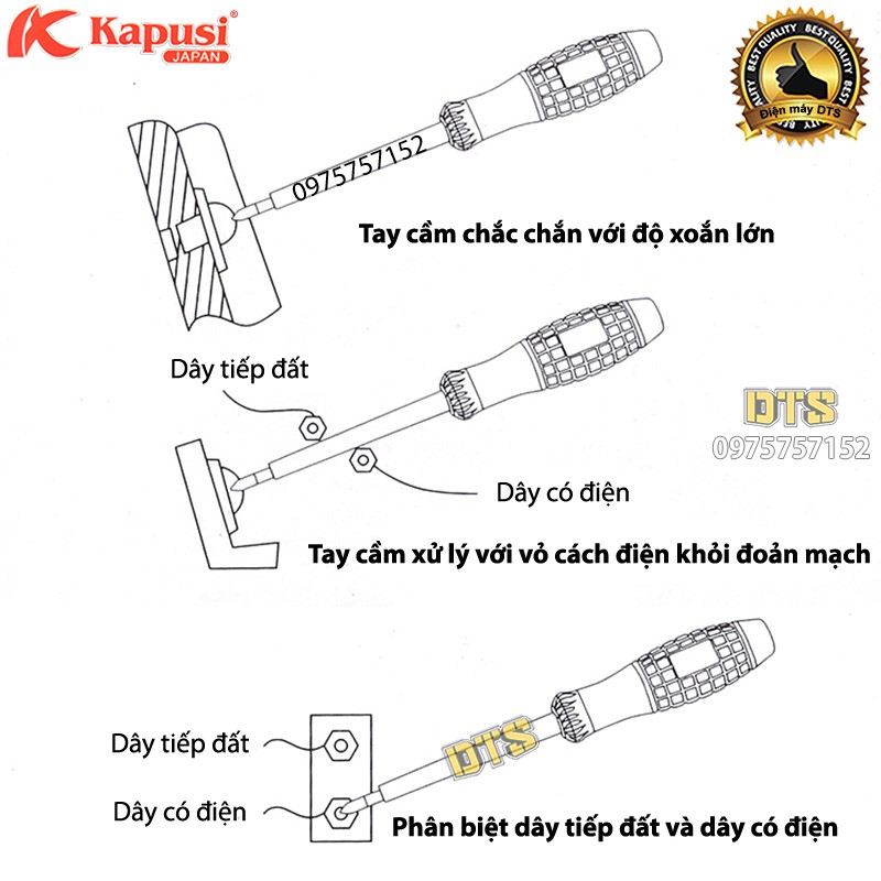 Bộ 2 tua vít cách điện 2 cạnh, 4 cạnh chống va đập kiêm bút thử điện Kapusi 200-500V, Tô vít kiểm tra dòng điện 4x160m