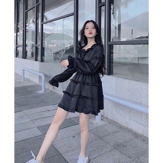 Đầm dự tiệc babydoll - Váy 3 tầng bánh bèo xòe tiểu thư dài tay màu đen trắng 781