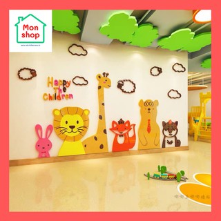 Decal dán tường mica 3D trang trí lớp học cho bé, hình các con vật dễ thương, happy