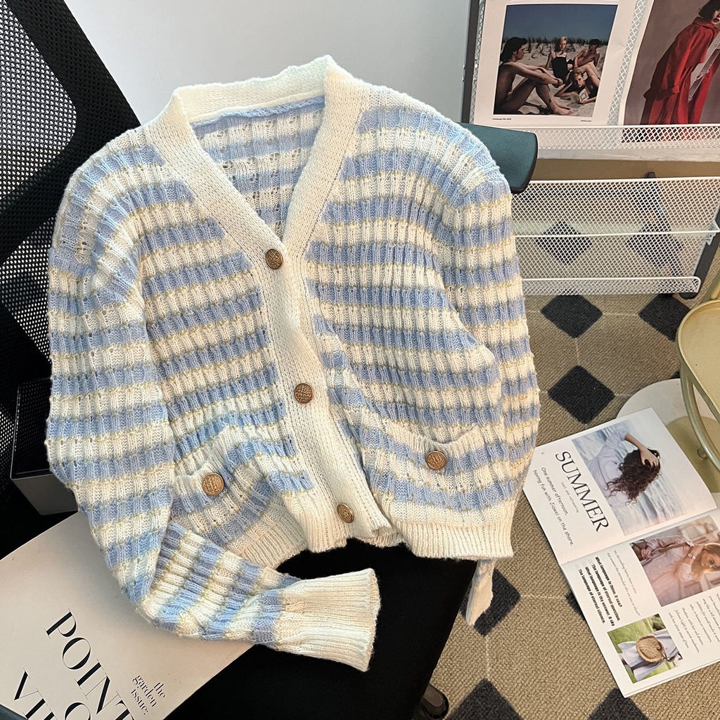 Áo Cardigan Dệt Kim Tay Dài Cổ Chữ V Họa Tiết Kẻ Sọc Màu Sắc Tương Phản Thời Trang Mùa