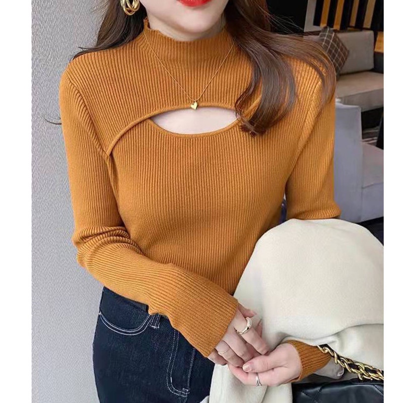 Áo dệt kim RENJIANVSHENG 204152 tay dài cổ cao khoét lỗ thời trang xinh xắn cho nữ