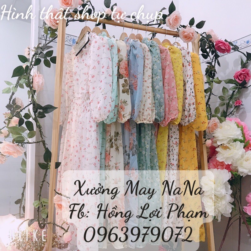 Đầm hoa nhí tay phồng tiểu thư viền ren