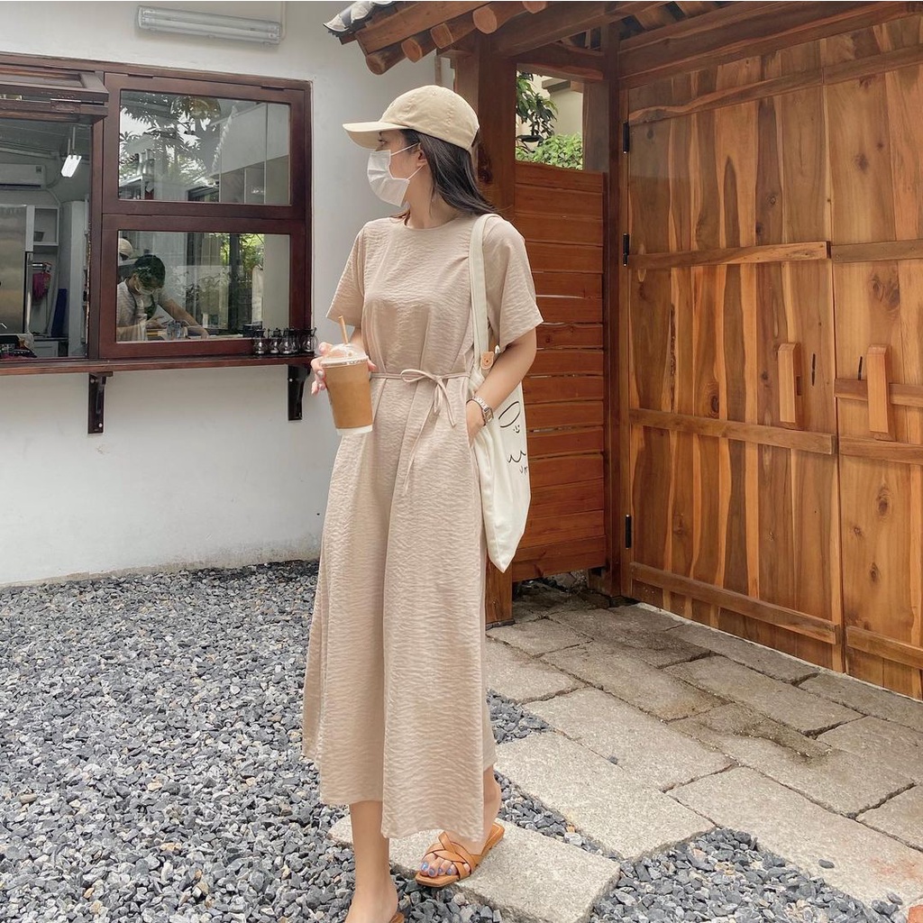 Đầm nữ dáng dài form rộng - Váy suông dài trơn, thắt eo vintage V-TS