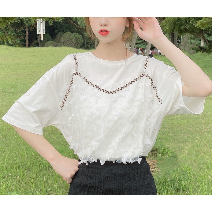 Áo Thun Tay Ngắn Cổ Tròn Giả Hai Lớp Thời Trang Mùa Hè Phong Cách Hàn Quốc Hàng Mới Dành Cho Bạn Nữ 2022