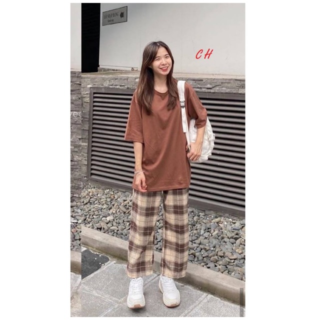 Sét áo thụng trơn + quần kẻ nâu VAU646