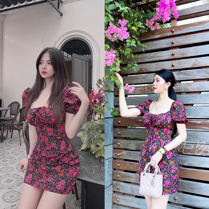 Váy thô hoa nhí ôm body cổ vuông mặc 2 kiểu siêu xinh