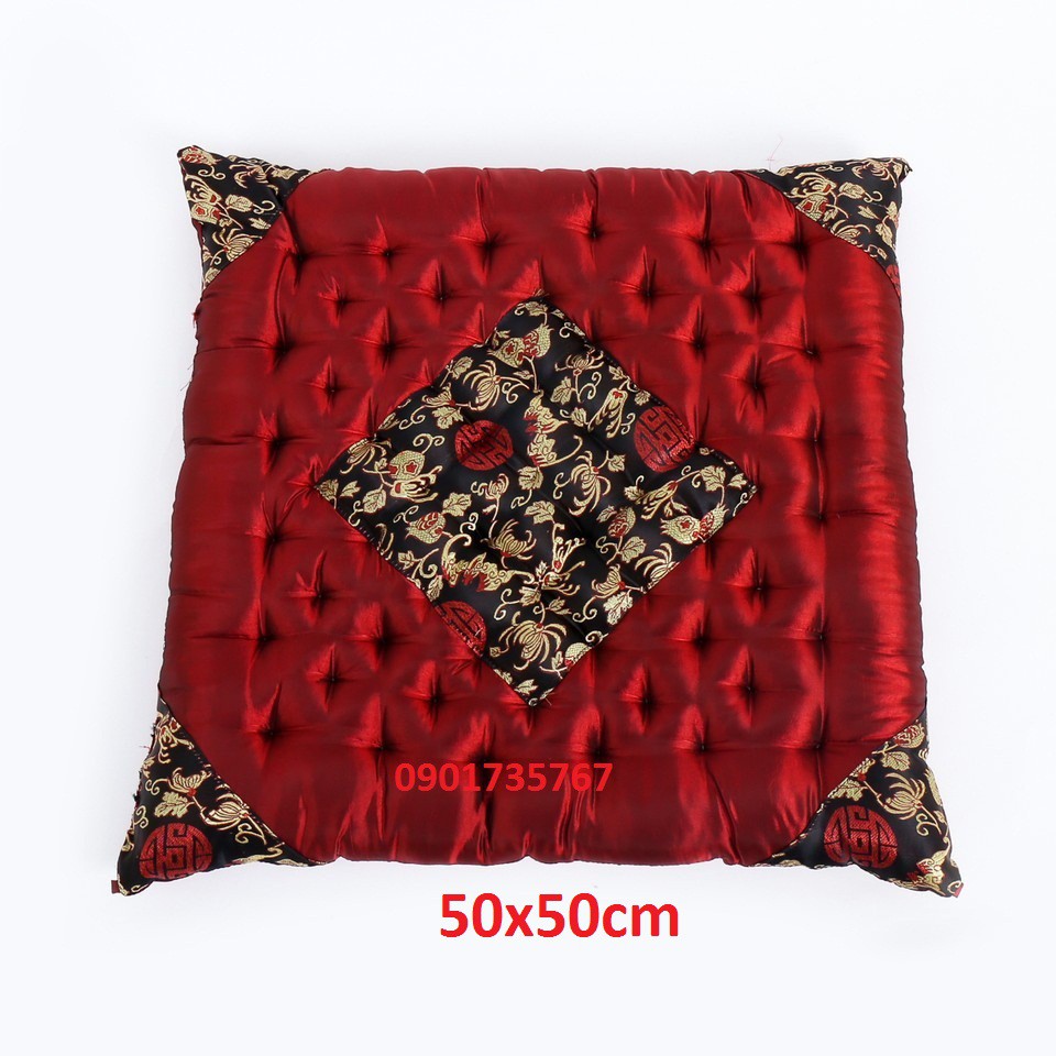 Đệm ngồi, nệm lót ghế, đệm ghế gấm lụa đỏ đô 50x50x5 cm