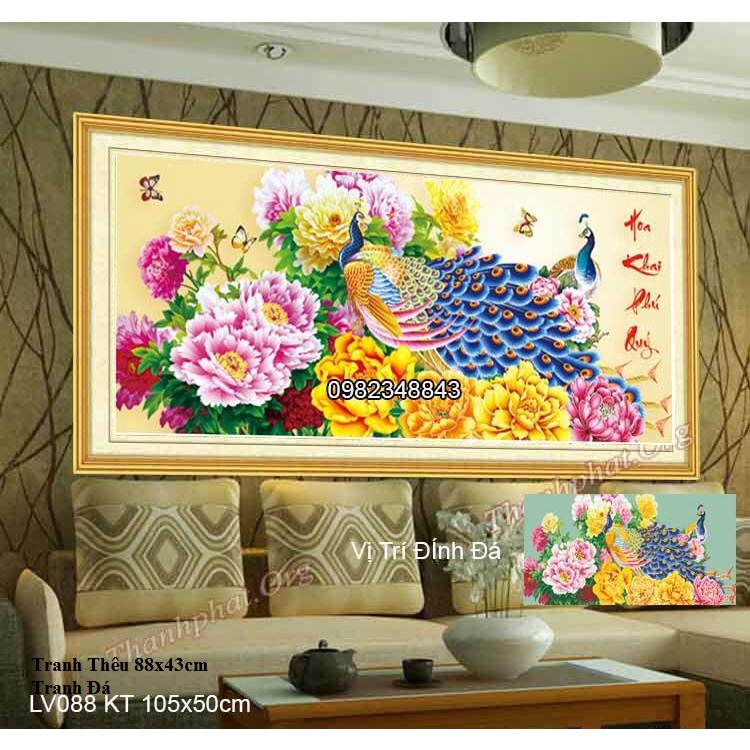 Tranh gắn đá hoa khai phú quý KT:105x50cm.tranh đính đá chưa đính.